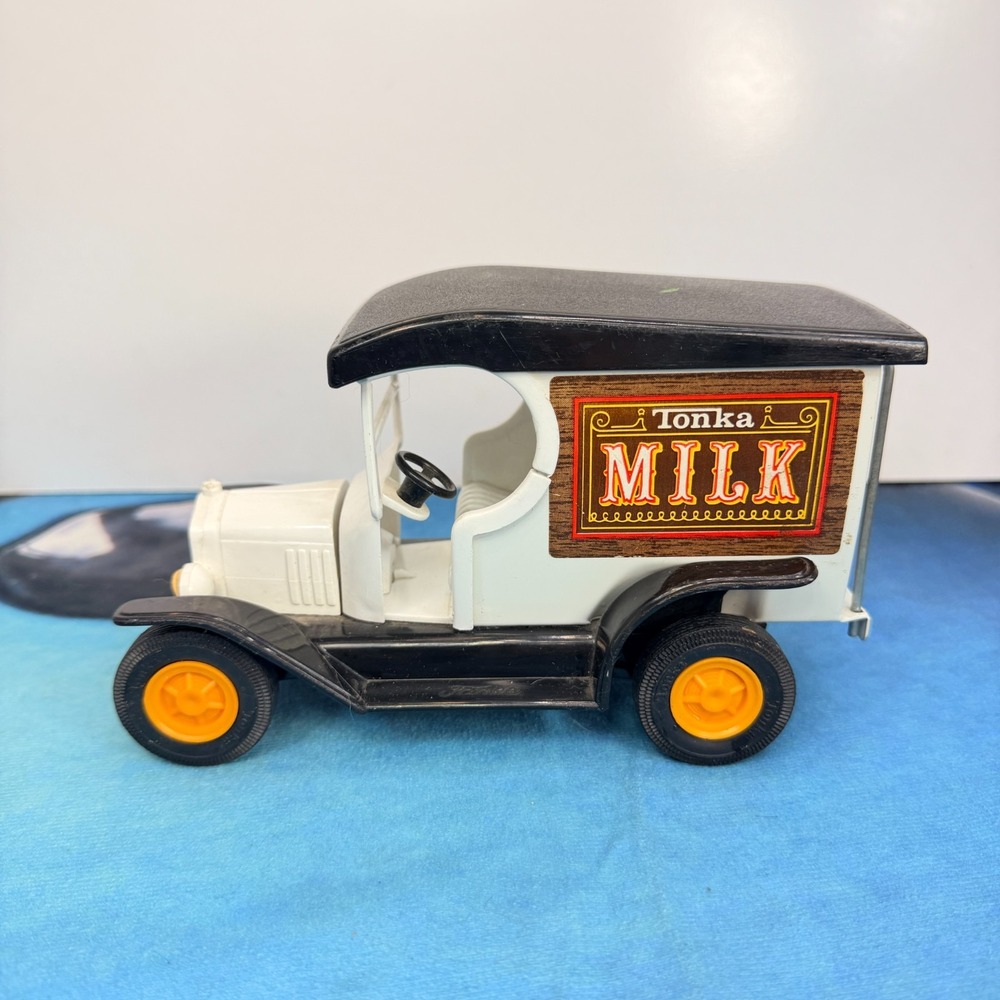Vintage Tonka Milk Truck Model T Delivery Van White Black Yellow Wheels 1970s